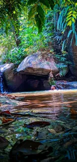 Serene jungle waterfall with lush greenery.