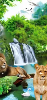 Serene jungle scene with waterfall and wildlife.