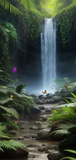 A tranquil jungle scene with waterfall and butterflies.