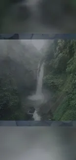 Serene jungle with tall waterfall flowing midst green foliage.