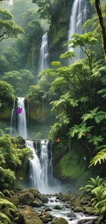 Serene jungle landscape with cascading waterfall.