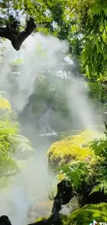 Lush jungle with a serene waterfall and mist.