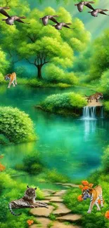 Vibrant jungle scene with tigers and lush greenery.