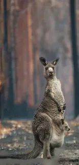 Kangaroo in a serene forest setting with towering trees.