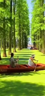 Kayak navigating through green forest waters.