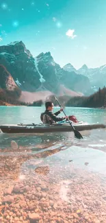 Kayaking on a pristine mountain lake under a turquoise sky.