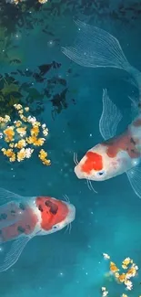 Koi fish swimming in serene blue water with flowers.