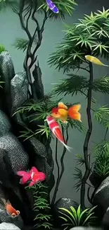 Serene koi fish swimming among lush greenery and rocks.