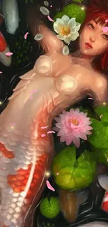 Mermaid surrounded by koi fish and lotus flowers in a fantasy art style.