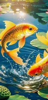 Two vibrant koi fish swimming among lotus blooms and lily pads.