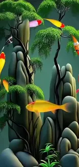 Serene koi pond wallpaper with vibrant fish and lush green trees.