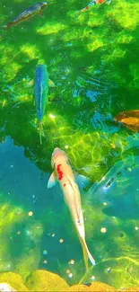 Koi fish swimming gracefully in a vibrant green pond.