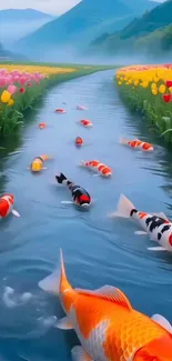 Peaceful koi fish swim in a flower-lined pond with mountains in the background.