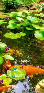 Vibrant koi pond surrounded by lush green foliage and a gentle waterfall.