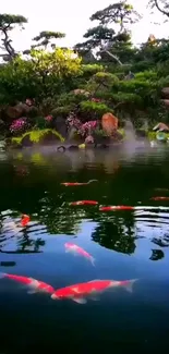 Calming koi pond with vibrant red fish and lush greenery.