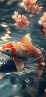 A serene koi swimming under cherry blossoms in tranquil waters.
