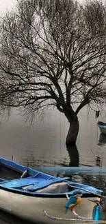 Serene lake view with boats and birds in a tranquil setting.