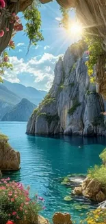 Serene view of a lake surrounded by cliffs and colorful flowers under sunlight.