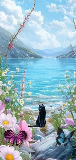 A serene lakeside scene with flowers, butterflies, and a black cat.