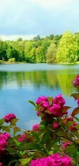 Tranquil lake and vibrant flowers mobile wallpaper.