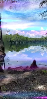 Serene lake reflecting forest with vivid sky.