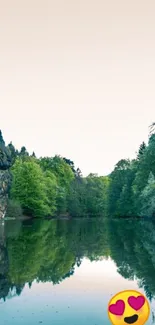 Serene lake reflecting forest and rock.