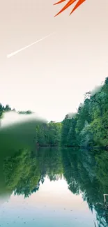 Serene lake with lush forest and rocky cliffs reflecting in calm waters.