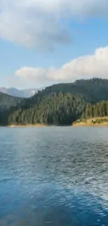 Scenic lake surrounded by forested mountains under a clear blue sky.