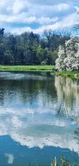 Serene lake with blue sky and forest reflections.