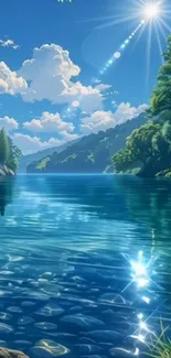 Serene lake with forest and sunlight reflections.