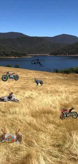 Serene landscape of a bright field and lake with animals and motorcycles.