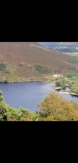 Serene view of a lake with lush hillsides.