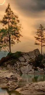 Serene lake with lightning and trees at dusk for mobile wallpaper.