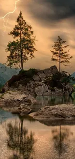 Serene mountain lake with lightning bolt in the sky at dusk.