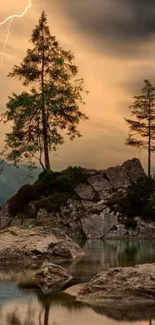 Dramatic lake landscape with lightning and pine trees at sunset.