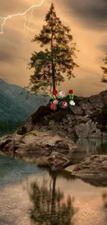 Tranquil mountain lake scene with lightning and flowers.