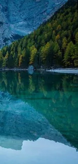 Serene lake and mountain view with forest reflection.