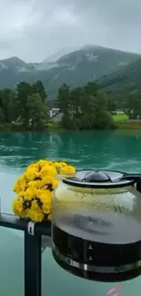 Tranquil lake and mountain scene with coffee.