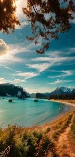 Peaceful lake view with mountains and forest under a blue sky.