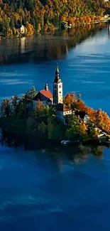 A serene lake with mountains and autumn foliage in a tranquil setting.