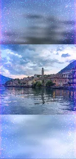 Serene lakeside village at dusk, magical blue hue.