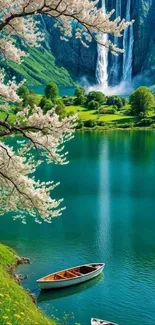 Serene lake with boat and waterfall surrounded by blooming trees.