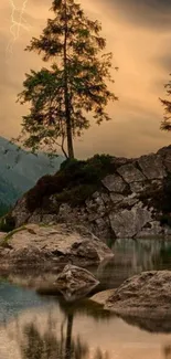 Sunset over a tranquil lake with lightning in a rocky landscape.