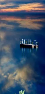 Tranquil lake at sunset with vibrant colors reflecting on water.