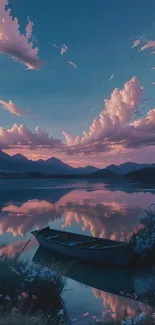 Boat on serene lake during sunset with clouds.