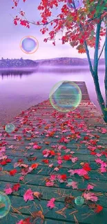 Autumn lake with red leaves on dock and mist over water.