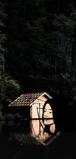 Serene cabin by the lake with forest backdrop at night.