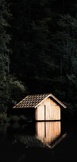 Tranquil lake cabin with reflection at dusk.