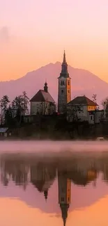 Castle by a serene mountain lake at sunset with soft pastel pink and orange skies.