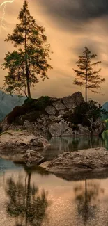 Serene lake landscape with lightning and tree reflections.